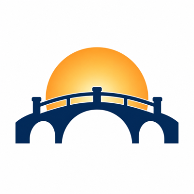 senior-bridge logo — a golden sun rising behind a stone bridge
